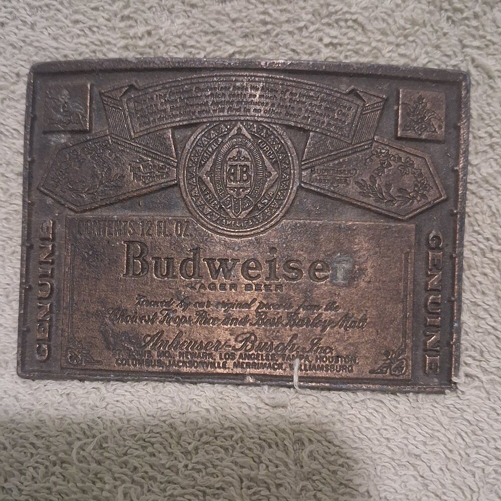 VINTAGE 1970s **GENUINE BUDWEISER LAGER BEER** ADVERTISEMENT BELT BUCKLE